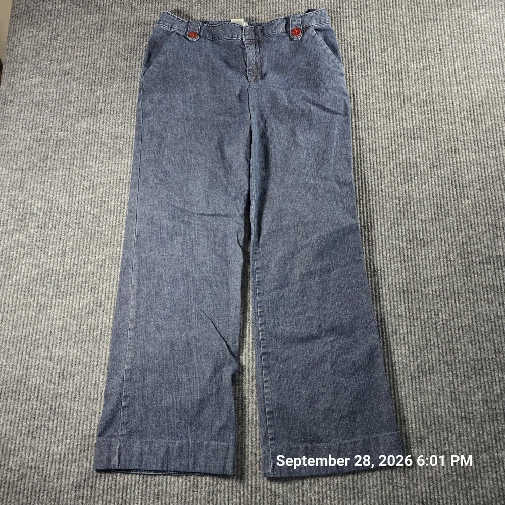 Merona Womens Size 10 Wide Leg Trousers Blue Denim Stretch Red Button Accents